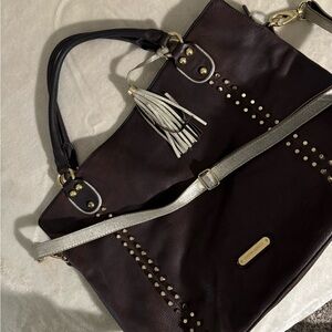 Cynthia Rowley real leather dark brown+gold bag